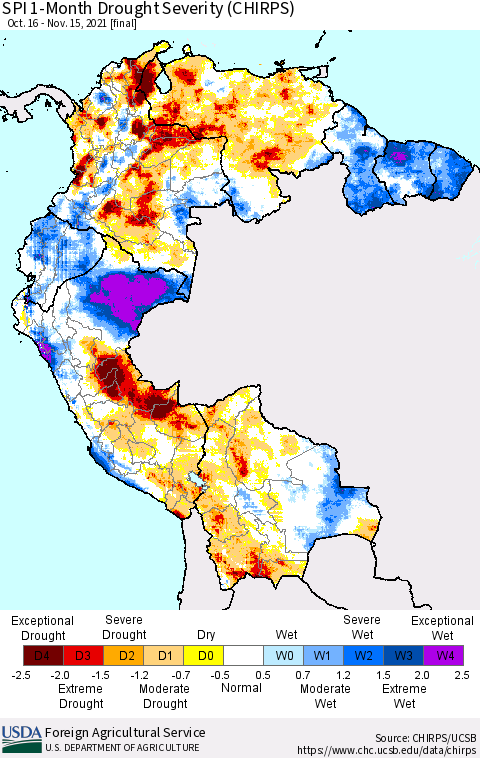 Northern South America SPI 1-Month Drought Severity (CHIRPS) Thematic Map For 10/16/2021 - 11/15/2021