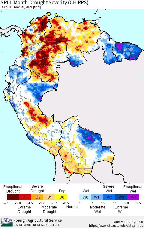Northern South America SPI 1-Month Drought Severity (CHIRPS) Thematic Map For 10/21/2021 - 11/20/2021