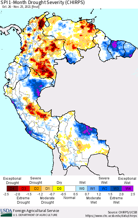 Northern South America SPI 1-Month Drought Severity (CHIRPS) Thematic Map For 10/26/2021 - 11/25/2021