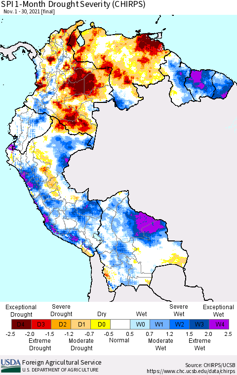 Northern South America SPI 1-Month Drought Severity (CHIRPS) Thematic Map For 11/1/2021 - 11/30/2021