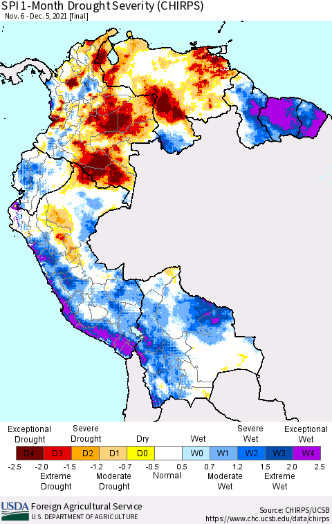 Northern South America SPI 1-Month Drought Severity (CHIRPS) Thematic Map For 11/6/2021 - 12/5/2021