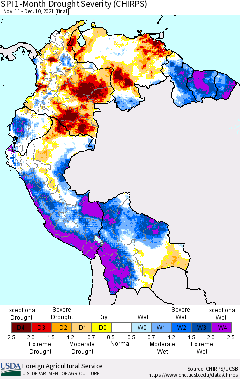 Northern South America SPI 1-Month Drought Severity (CHIRPS) Thematic Map For 11/11/2021 - 12/10/2021