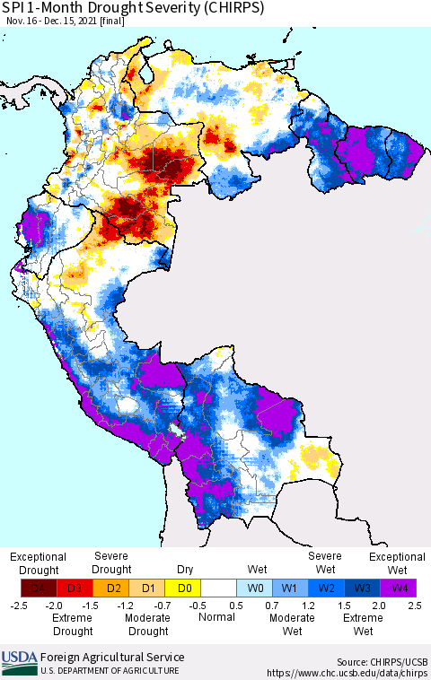 Northern South America SPI 1-Month Drought Severity (CHIRPS) Thematic Map For 11/16/2021 - 12/15/2021