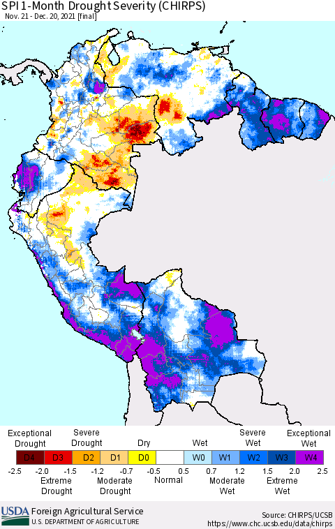 Northern South America SPI 1-Month Drought Severity (CHIRPS) Thematic Map For 11/21/2021 - 12/20/2021
