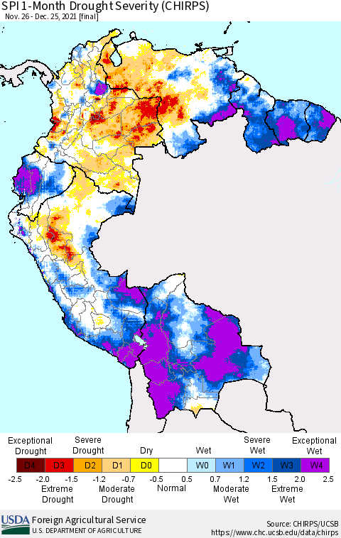 Northern South America SPI 1-Month Drought Severity (CHIRPS) Thematic Map For 11/26/2021 - 12/25/2021
