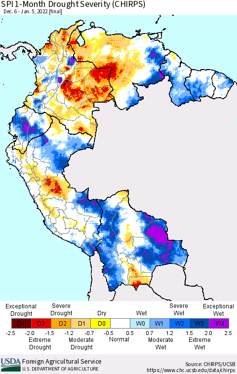 Northern South America SPI 1-Month Drought Severity (CHIRPS) Thematic Map For 12/6/2021 - 1/5/2022