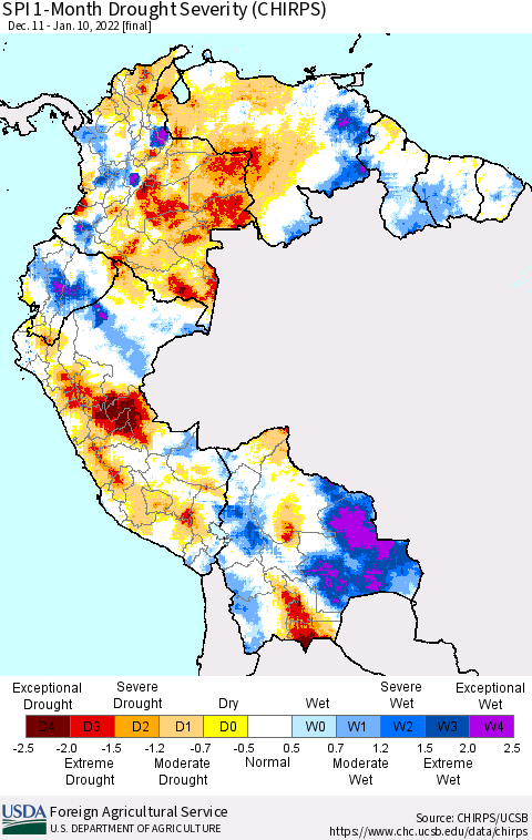 Northern South America SPI 1-Month Drought Severity (CHIRPS) Thematic Map For 12/11/2021 - 1/10/2022