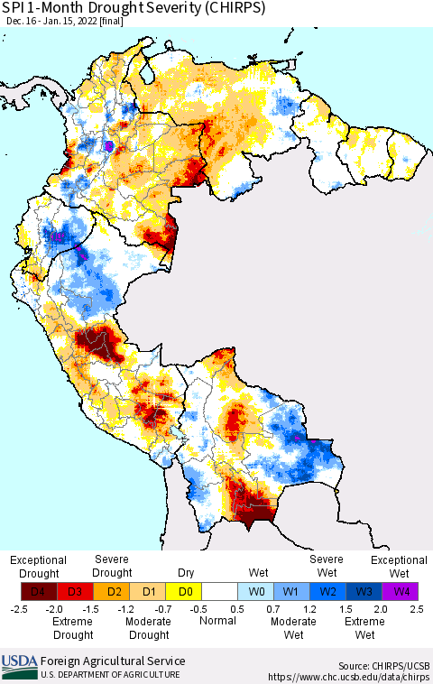 Northern South America SPI 1-Month Drought Severity (CHIRPS) Thematic Map For 12/16/2021 - 1/15/2022