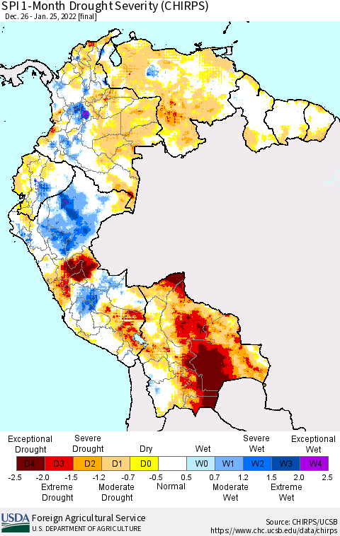 Northern South America SPI 1-Month Drought Severity (CHIRPS) Thematic Map For 12/26/2021 - 1/25/2022