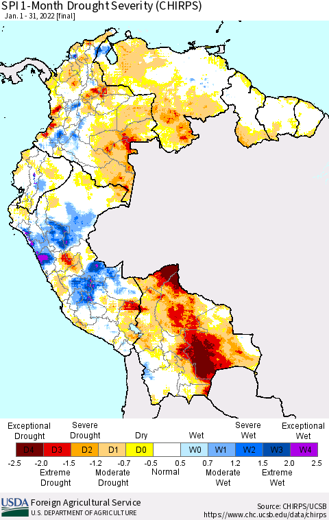 Northern South America SPI 1-Month Drought Severity (CHIRPS) Thematic Map For 1/1/2022 - 1/31/2022