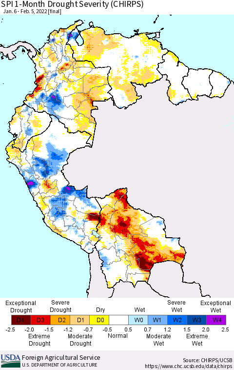 Northern South America SPI 1-Month Drought Severity (CHIRPS) Thematic Map For 1/6/2022 - 2/5/2022