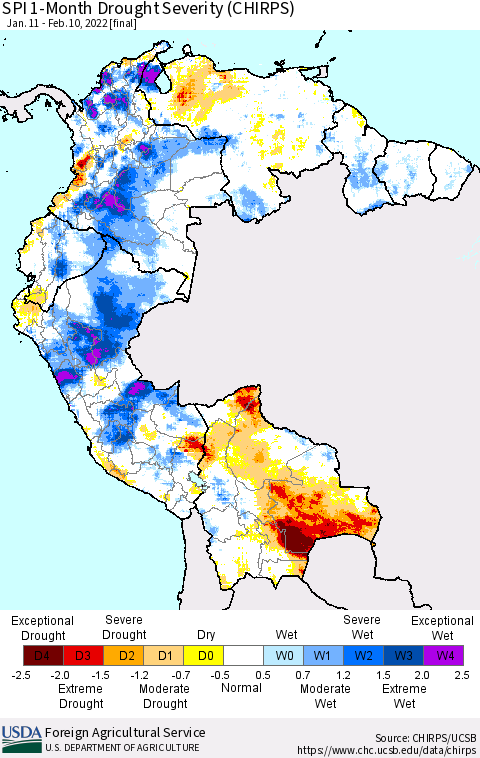 Northern South America SPI 1-Month Drought Severity (CHIRPS) Thematic Map For 1/11/2022 - 2/10/2022