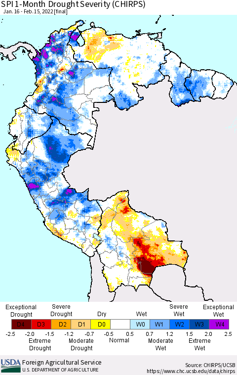 Northern South America SPI 1-Month Drought Severity (CHIRPS) Thematic Map For 1/16/2022 - 2/15/2022