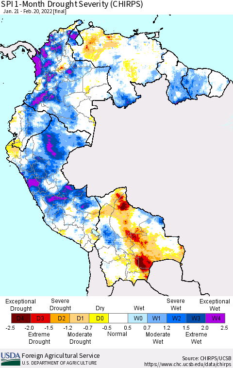Northern South America SPI 1-Month Drought Severity (CHIRPS) Thematic Map For 1/21/2022 - 2/20/2022