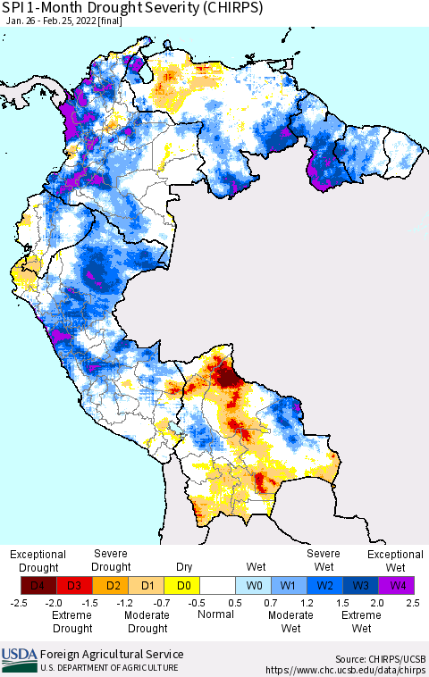 Northern South America SPI 1-Month Drought Severity (CHIRPS) Thematic Map For 1/26/2022 - 2/25/2022