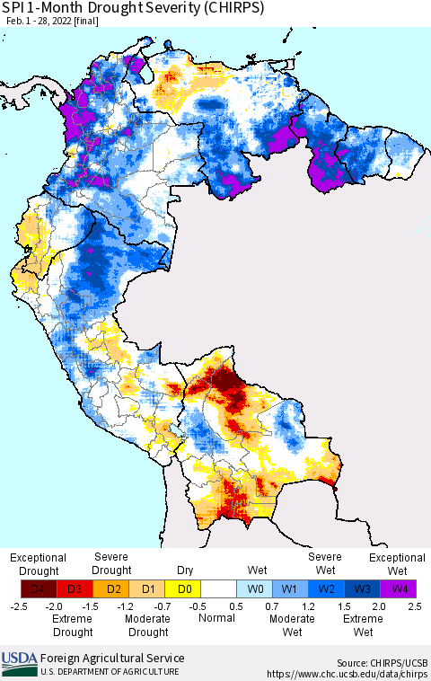 Northern South America SPI 1-Month Drought Severity (CHIRPS) Thematic Map For 2/1/2022 - 2/28/2022