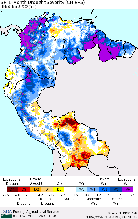 Northern South America SPI 1-Month Drought Severity (CHIRPS) Thematic Map For 2/6/2022 - 3/5/2022