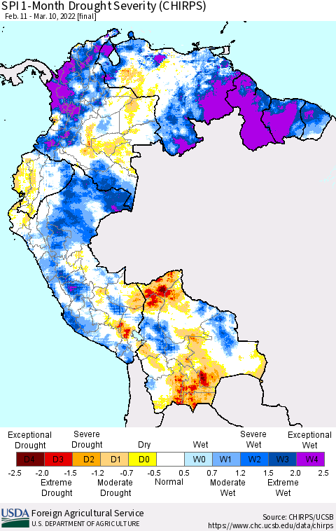 Northern South America SPI 1-Month Drought Severity (CHIRPS) Thematic Map For 2/11/2022 - 3/10/2022