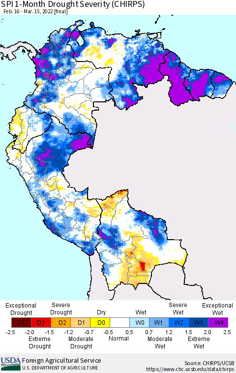Northern South America SPI 1-Month Drought Severity (CHIRPS) Thematic Map For 2/16/2022 - 3/15/2022