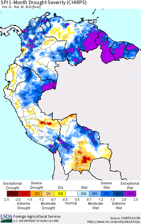 Northern South America SPI 1-Month Drought Severity (CHIRPS) Thematic Map For 2/21/2022 - 3/20/2022