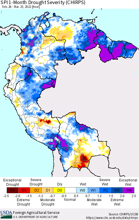 Northern South America SPI 1-Month Drought Severity (CHIRPS) Thematic Map For 2/26/2022 - 3/25/2022