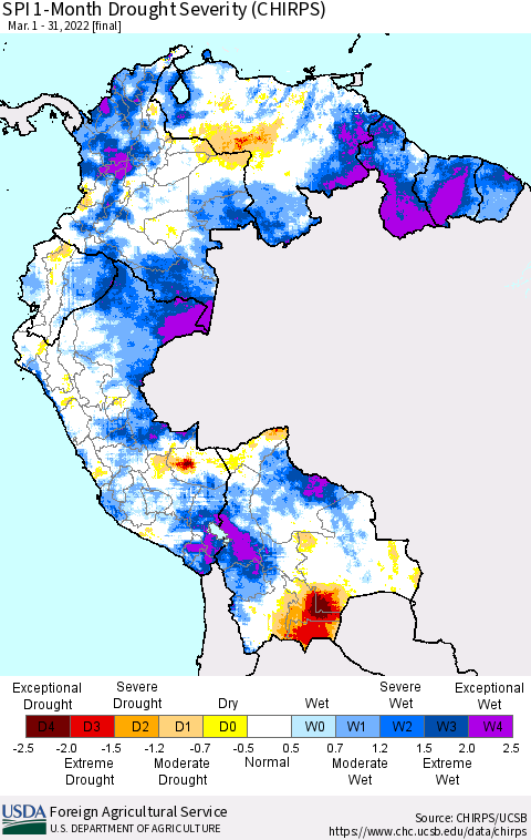 Northern South America SPI 1-Month Drought Severity (CHIRPS) Thematic Map For 3/1/2022 - 3/31/2022