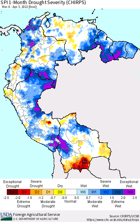 Northern South America SPI 1-Month Drought Severity (CHIRPS) Thematic Map For 3/6/2022 - 4/5/2022