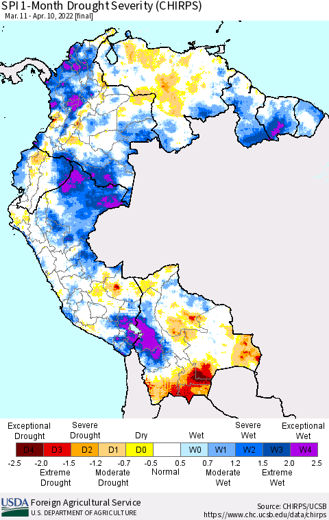 Northern South America SPI 1-Month Drought Severity (CHIRPS) Thematic Map For 3/11/2022 - 4/10/2022