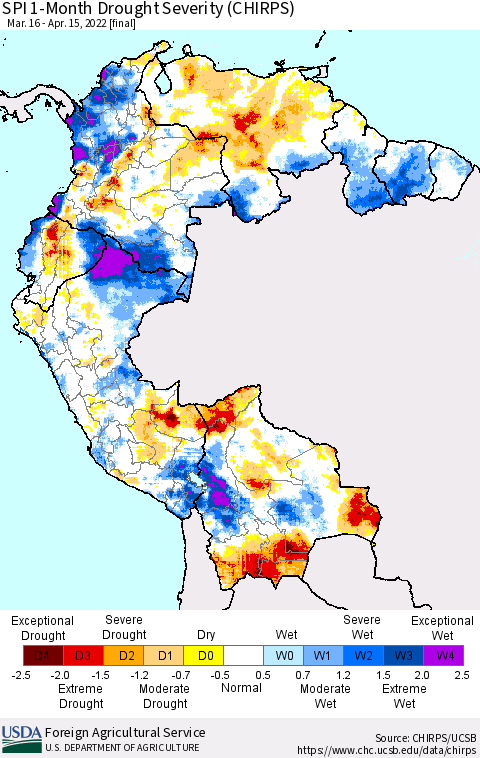 Northern South America SPI 1-Month Drought Severity (CHIRPS) Thematic Map For 3/16/2022 - 4/15/2022
