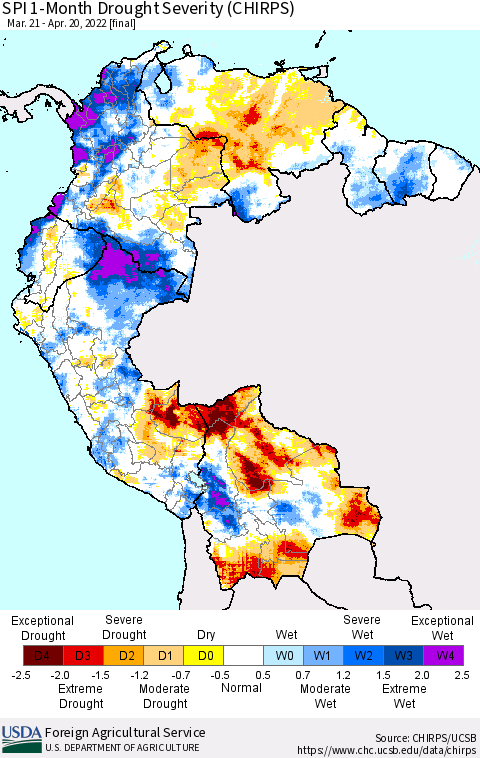 Northern South America SPI 1-Month Drought Severity (CHIRPS) Thematic Map For 3/21/2022 - 4/20/2022