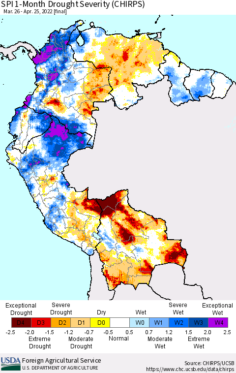 Northern South America SPI 1-Month Drought Severity (CHIRPS) Thematic Map For 3/26/2022 - 4/25/2022
