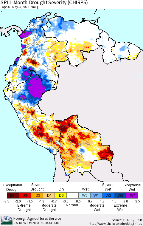 Northern South America SPI 1-Month Drought Severity (CHIRPS) Thematic Map For 4/6/2022 - 5/5/2022