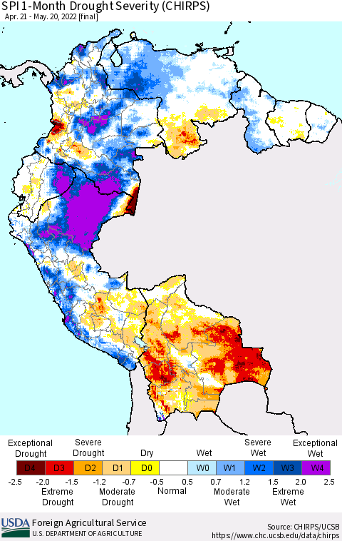 Northern South America SPI 1-Month Drought Severity (CHIRPS) Thematic Map For 4/21/2022 - 5/20/2022