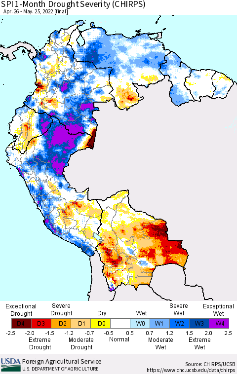 Northern South America SPI 1-Month Drought Severity (CHIRPS) Thematic Map For 4/26/2022 - 5/25/2022