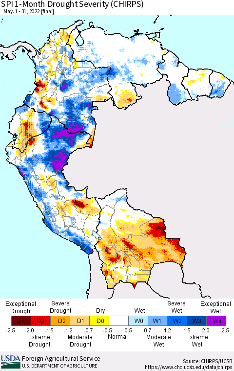 Northern South America SPI 1-Month Drought Severity (CHIRPS) Thematic Map For 5/1/2022 - 5/31/2022