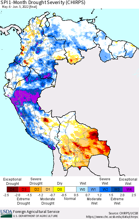 Northern South America SPI 1-Month Drought Severity (CHIRPS) Thematic Map For 5/6/2022 - 6/5/2022
