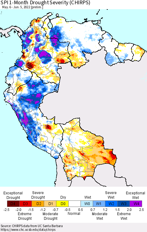 Northern South America SPI 1-Month Drought Severity (CHIRPS) Thematic Map For 5/6/2022 - 6/5/2022