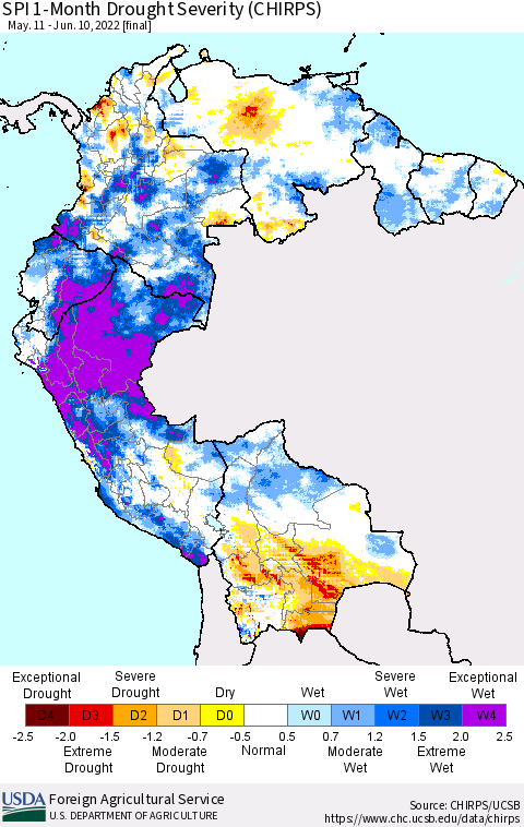 Northern South America SPI 1-Month Drought Severity (CHIRPS) Thematic Map For 5/11/2022 - 6/10/2022