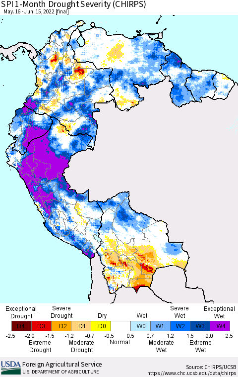 Northern South America SPI 1-Month Drought Severity (CHIRPS) Thematic Map For 5/16/2022 - 6/15/2022