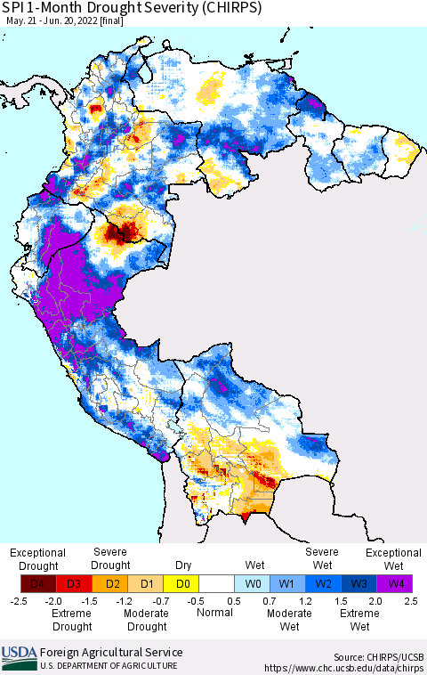 Northern South America SPI 1-Month Drought Severity (CHIRPS) Thematic Map For 5/21/2022 - 6/20/2022
