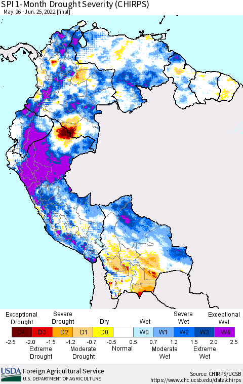 Northern South America SPI 1-Month Drought Severity (CHIRPS) Thematic Map For 5/26/2022 - 6/25/2022