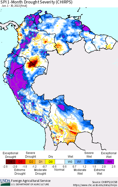 Northern South America SPI 1-Month Drought Severity (CHIRPS) Thematic Map For 6/1/2022 - 6/30/2022