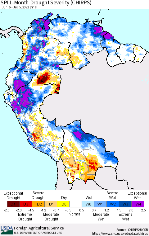 Northern South America SPI 1-Month Drought Severity (CHIRPS) Thematic Map For 6/6/2022 - 7/5/2022