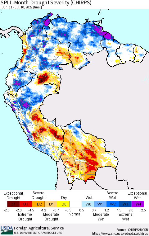 Northern South America SPI 1-Month Drought Severity (CHIRPS) Thematic Map For 6/11/2022 - 7/10/2022