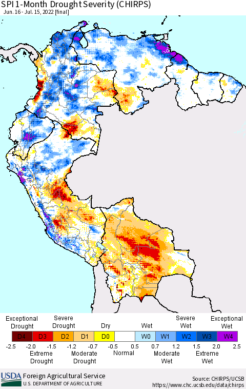 Northern South America SPI 1-Month Drought Severity (CHIRPS) Thematic Map For 6/16/2022 - 7/15/2022