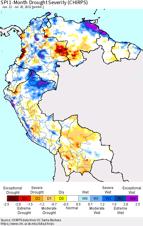 Northern South America SPI 1-Month Drought Severity (CHIRPS) Thematic Map For 6/21/2022 - 7/20/2022