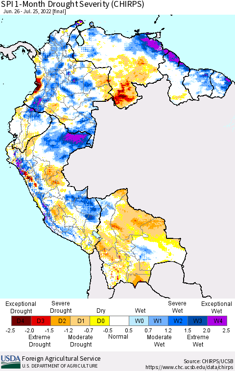 Northern South America SPI 1-Month Drought Severity (CHIRPS) Thematic Map For 6/26/2022 - 7/25/2022