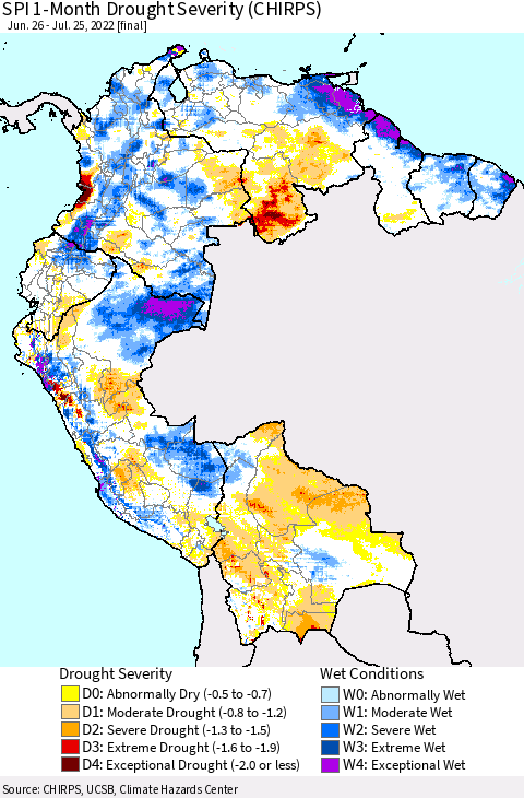 Northern South America SPI 1-Month Drought Severity (CHIRPS) Thematic Map For 6/26/2022 - 7/25/2022