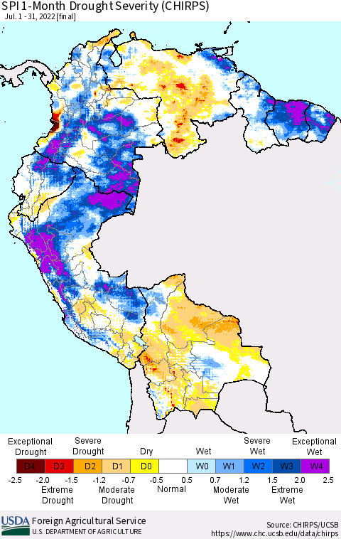 Northern South America SPI 1-Month Drought Severity (CHIRPS) Thematic Map For 7/1/2022 - 7/31/2022