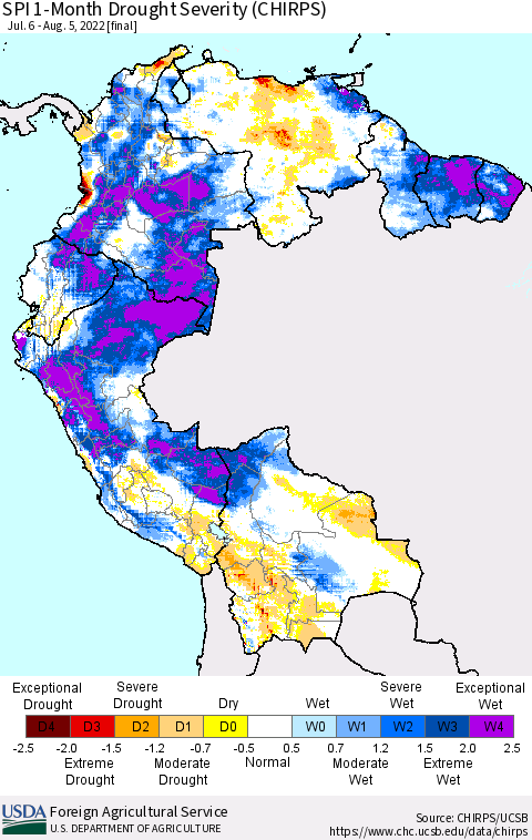 Northern South America SPI 1-Month Drought Severity (CHIRPS) Thematic Map For 7/6/2022 - 8/5/2022